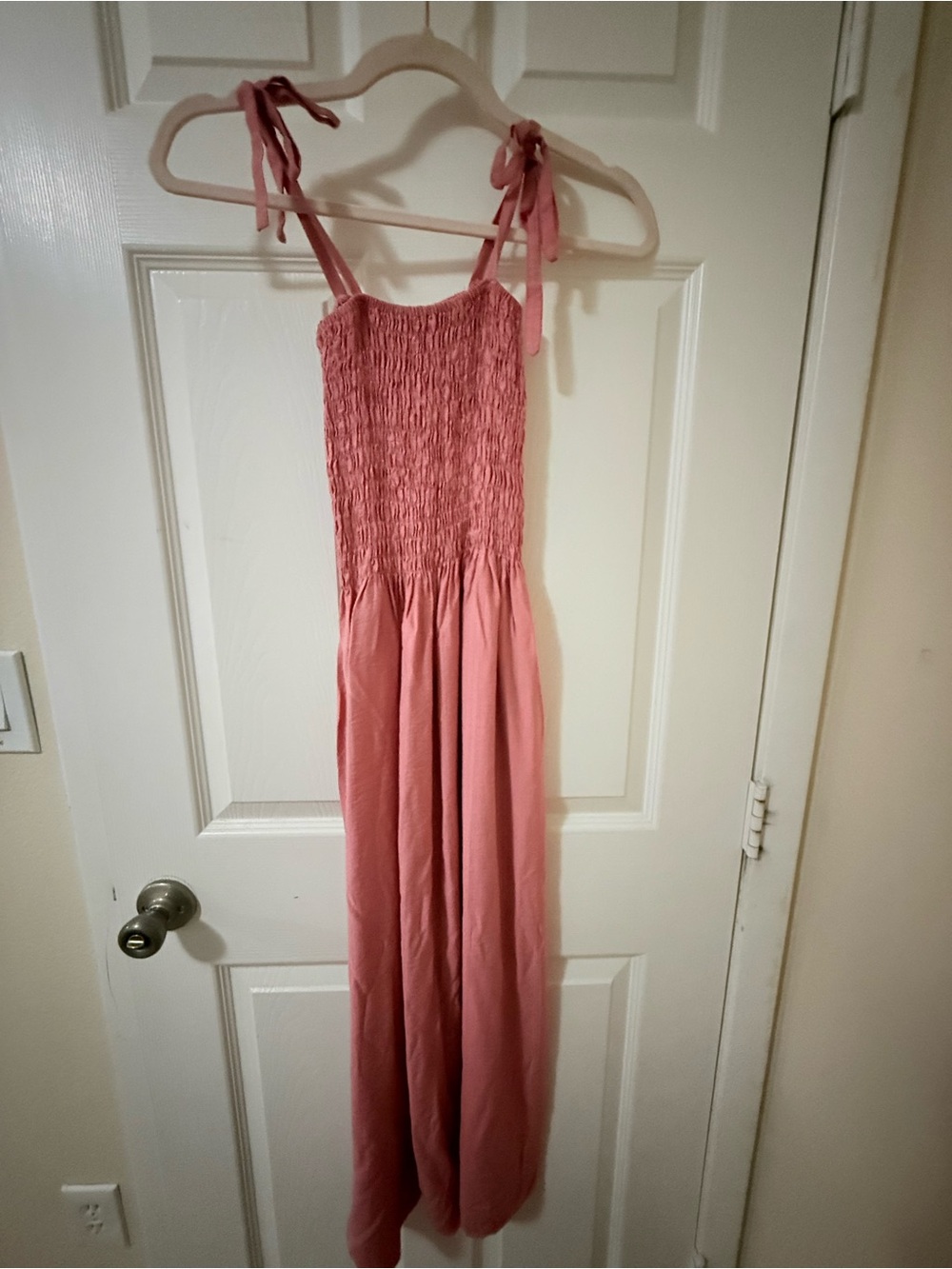 Women’s Maxi Smocked Dress with Tie Shoulder Straps - Pink
